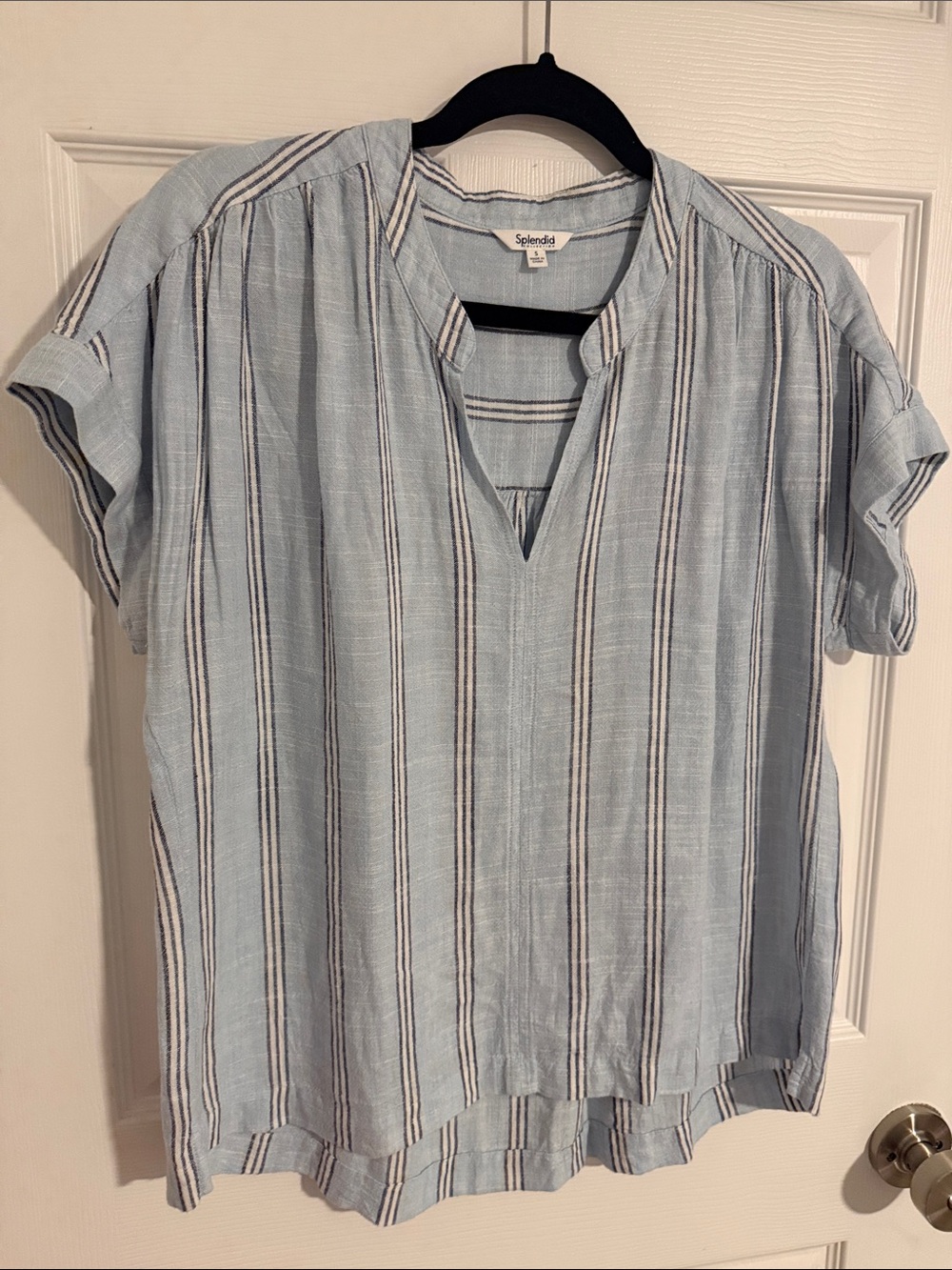 Splendid Pale Blue Striped Split-Neck Women's Linen blend Shirt